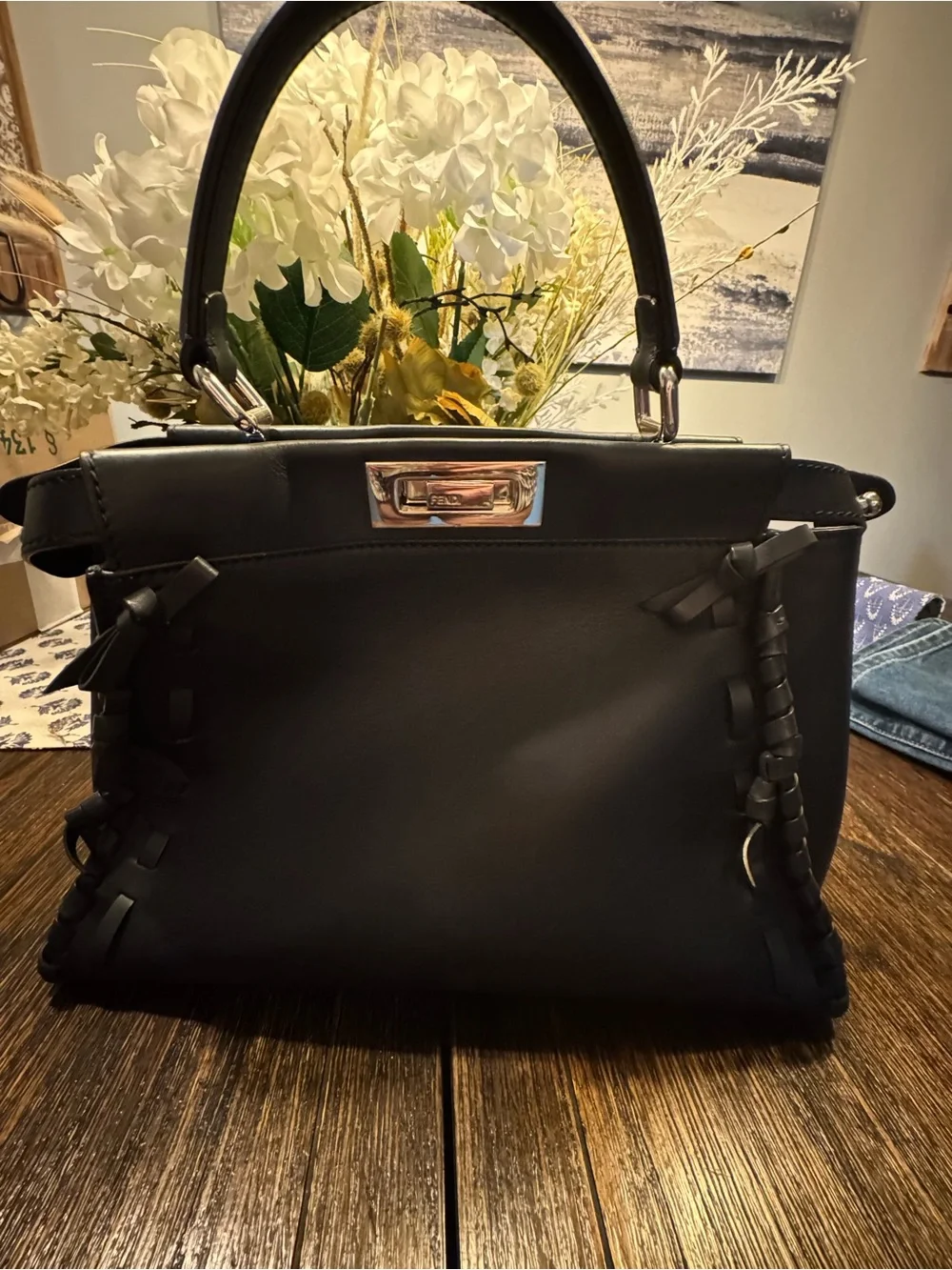 Fendi DARK NAVY Leather Top-Handle Satchel with Braided Fringe